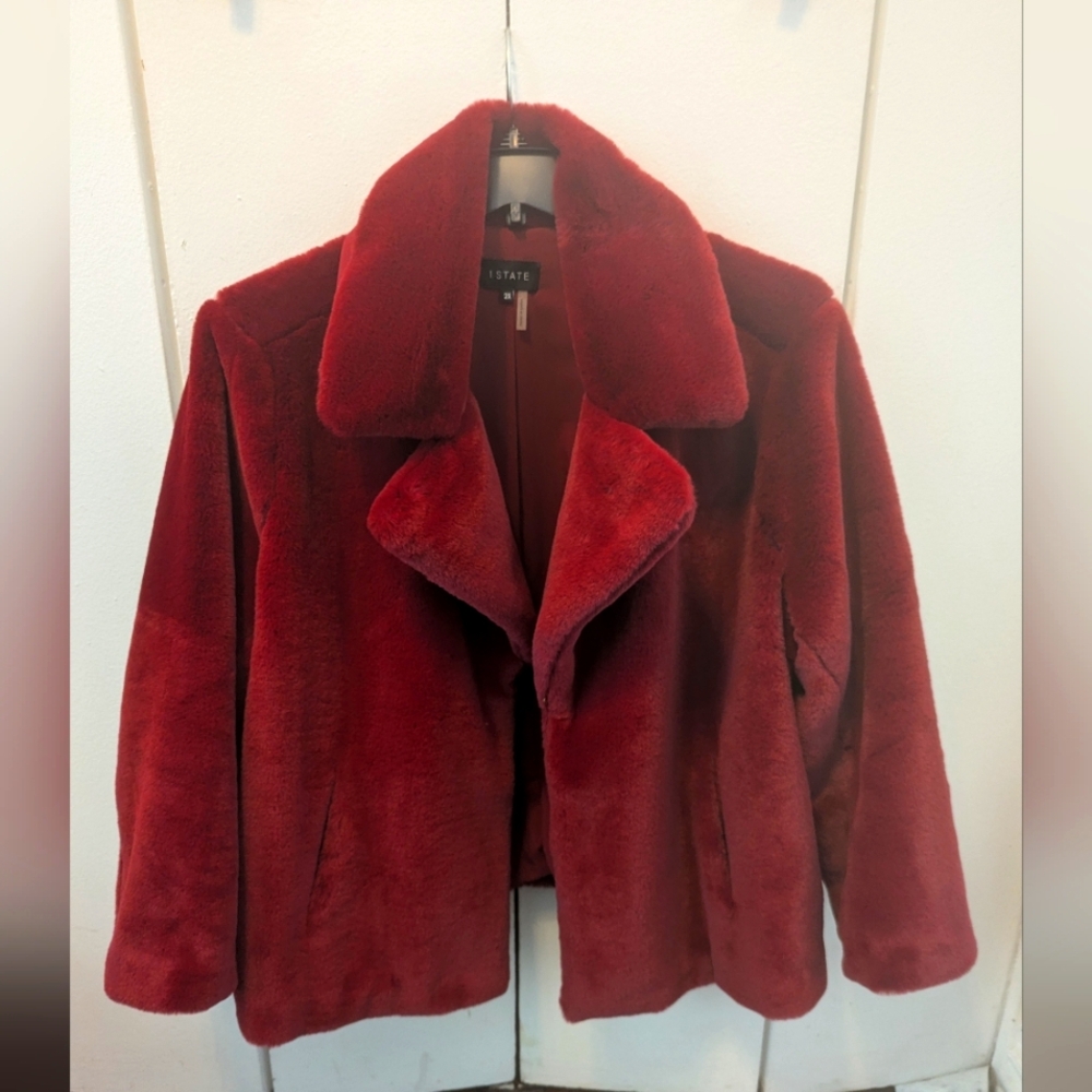 1. State burgundy faux fur jacket